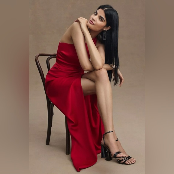 BHLDN Dylan One Shoulder Satin Side Slit Midi Dress Red - Picture 3 of 4